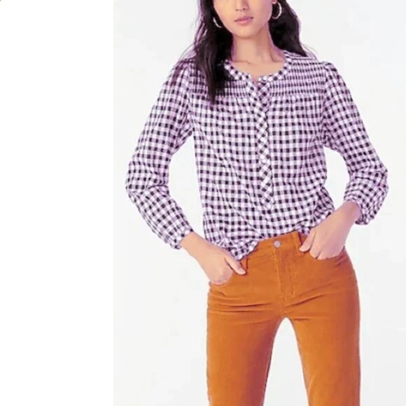J. Crew Smocked Pop Over Gingham Check Blouse S - Picture 1 of 6